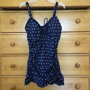 Septangle One-Piece Swimsuit Swimdress with pocka dots, real pretty navy blue!